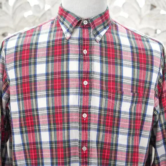L.L. Bean Men's L Red Green Plaid Shirt Button Down Long Sleeve Cotton Vintage - Picture 4 of 12